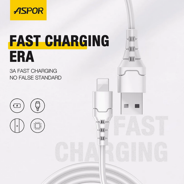 کابل شارژ و دیتا آیفون آسپور مدل ASPOR A101L – USB to iPh – طول 2 متر – جریان 3 آمپر - Image 2