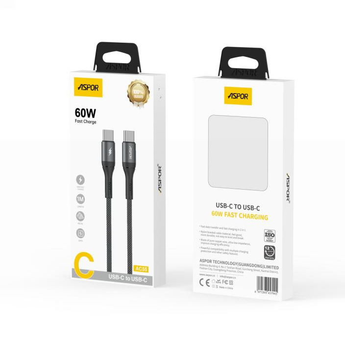 کابل شارژ و دیتا آسپور مدل ASPOR AC55 – USB‑C to USB‑C – توان 60 وات – طول 1 متر - Image 2