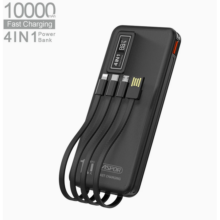 پاوربانک ASPOR مدل A300 PD ظرفیت 10000 میلیآمپر با فست شارژ 22.5 وات و کابلهای داخلی