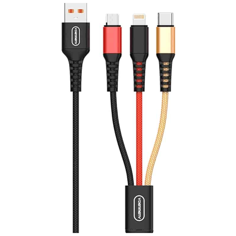 کابل شارژ چند منظوره VDENMENV مدل D02E – سه سر (3in1) – شدت جریان 2.4 آمپر – طول 120 سانتیمتر